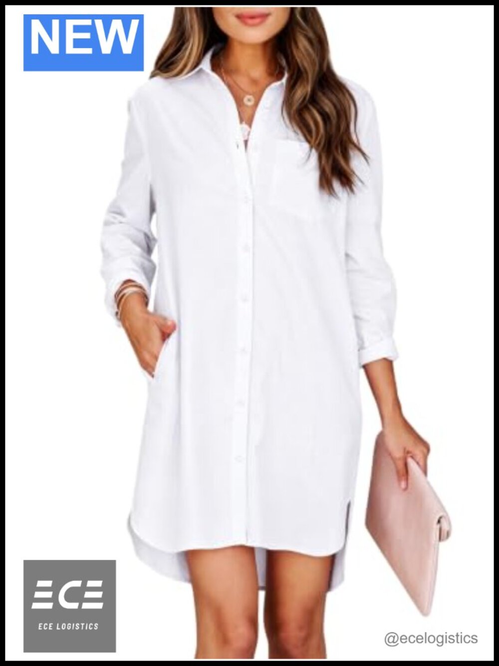 Women's Button Down Shirt Dress with Pockets Long Sleeve High Low Tunic